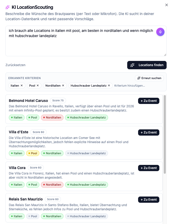 Screenshot: Locationscouting pro Event